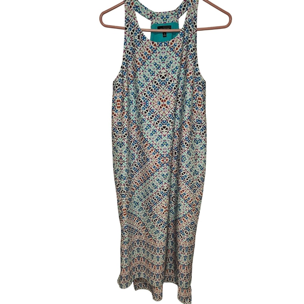 The Limited Woman SZ M Maxi Dress  Shift T back Lined Geometric Print Side Slit